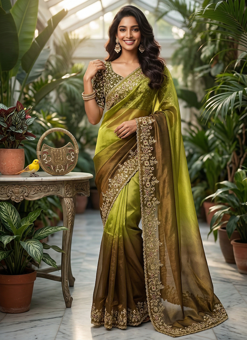 Parrot Green Color Sequins with Jari Thread Embroidery Work  Chiffon Silk Saree