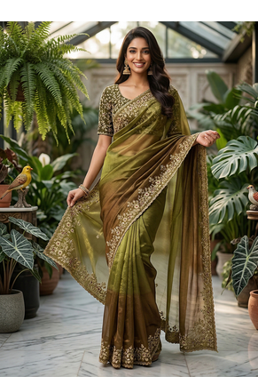 Parrot Green Color Sequins with Jari Thread Embroidery Work  Chiffon art silk saree 3