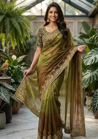 Parrot Green Color Sequins with Jari Thread Embroidery Work  Chiffon art silk saree