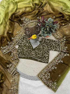 Parrot Green Color Sequins with Jari Thread Embroidery Work  Chiffon art silk saree 4