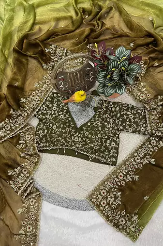 Parrot Green Color Sequins with Jari Thread Embroidery Work  Chiffon art silk saree