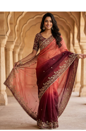 Peach Color Sequins with Jari Thread Embroidery Work  Chiffon art silk saree 1