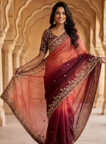 Peach Color Sequins with Jari Thread Embroidery Work  Chiffon Silk Saree