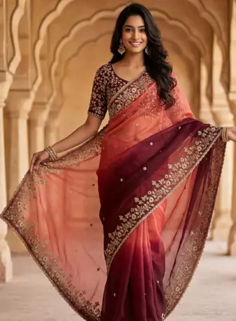 Peach Color Sequins with Jari Thread Embroidery Work  Chiffon Silk Saree