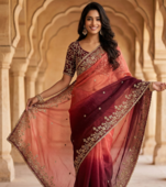 Peach Color Sequins with Jari Thread Embroidery Work  Chiffon Silk Saree