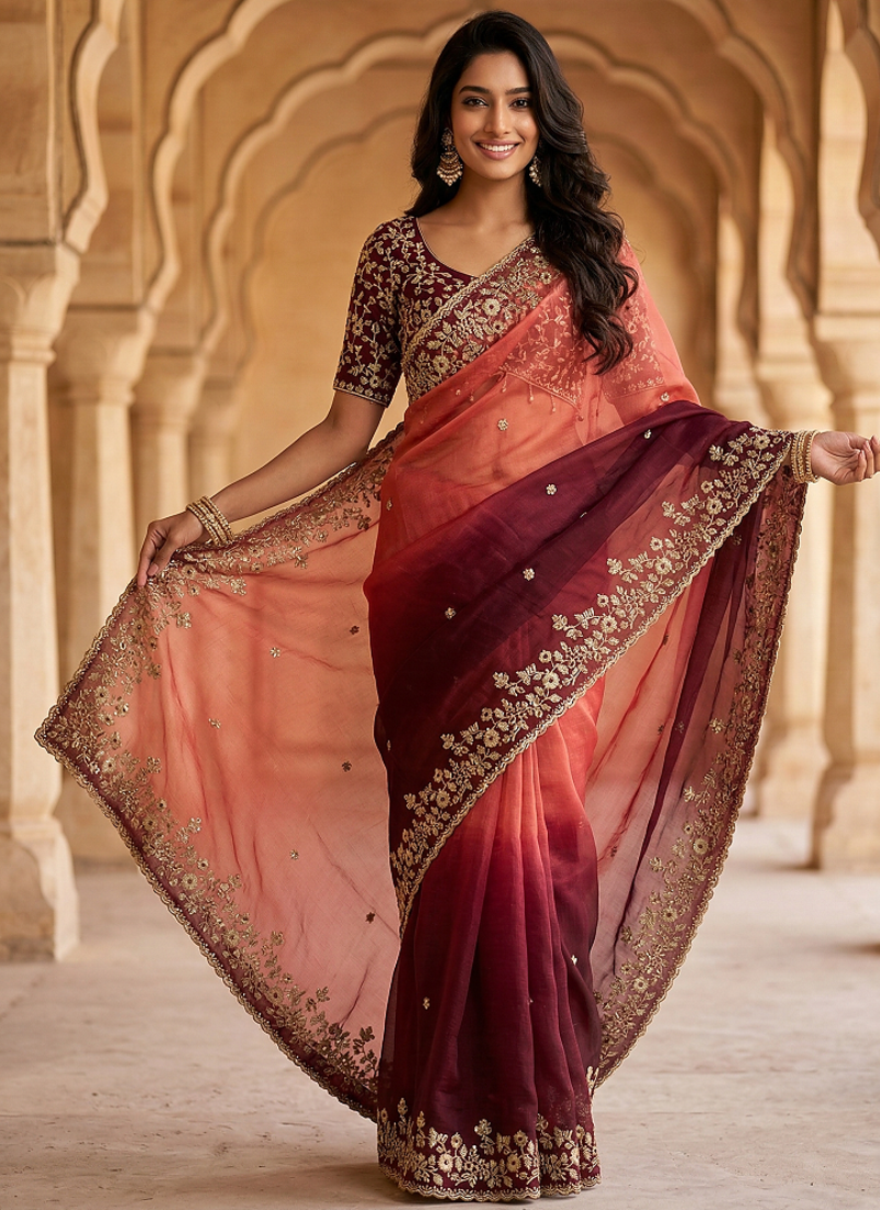 Peach Color Sequins with Jari Thread Embroidery Work  Chiffon Silk Saree