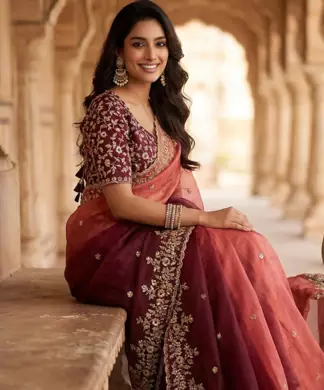 Peach Color Sequins with Jari Thread Embroidery Work  Chiffon art silk saree