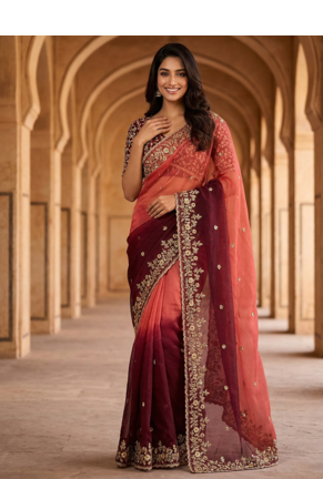 Peach Color Sequins with Jari Thread Embroidery Work  Chiffon art silk saree 3