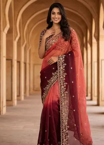 Peach Color Sequins with Jari Thread Embroidery Work  Chiffon art silk saree