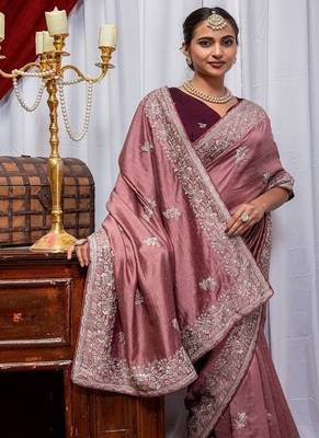 Onion Pink Color Zari Embroidery Hotflix Diamond Work Vichitra Silk Saree 2