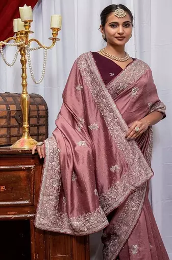 Onion Pink Color Zari Embroidery Hotflix Diamond Work Vichitra Silk Saree