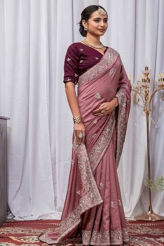 Onion Pink Color Zari Embroidery Hotflix Diamond Work Vichitra Silk Saree