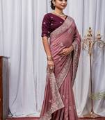Onion Pink Color Zari Embroidery Hotflix Diamond Work Vichitra Silk Saree