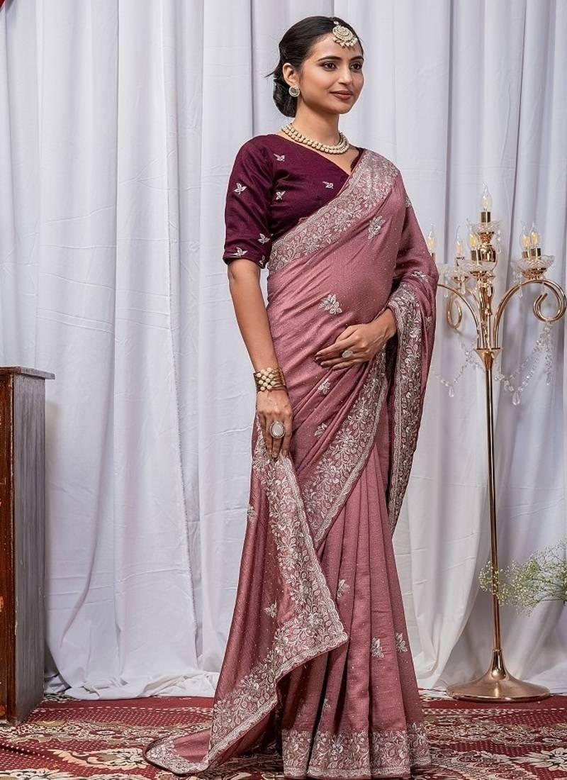 Onion Pink Color Zari Embroidery Hotflix Diamond Work Vichitra Silk Saree