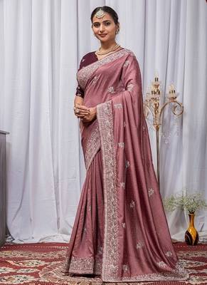 Onion Pink Color Zari Embroidery Hotflix Diamond Work Vichitra Silk Saree 3