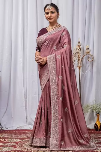 Onion Pink Color Zari Embroidery Hotflix Diamond Work Vichitra Silk Saree