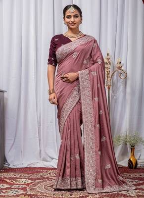 Onion Pink Color Zari Embroidery Hotflix Diamond Work Vichitra Silk Saree 4