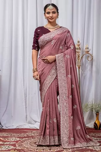 Onion Pink Color Zari Embroidery Hotflix Diamond Work Vichitra Silk Saree