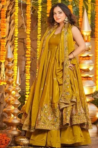 Mehendi embroidery crep fully stitched anarkali set