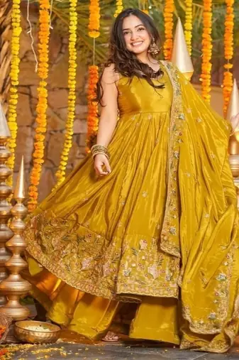 Mehendi embroidery crep fully stitched anarkali set