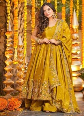 Mehendi embroidery crep fully stitched anarkali set 5