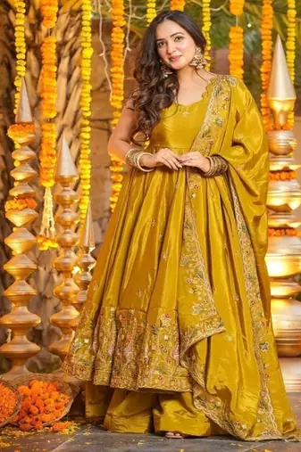 Mehendi embroidery crep fully stitched anarkali set