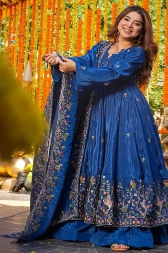 Teal embroidery crep fully stitched anarkali suit set