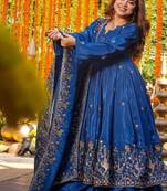 Teal embroidery crep fully stitched anarkali suit set