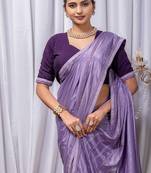 Lavender Color Zari Embroidery Hotflix Diamond Work Vichitra Silk Saree