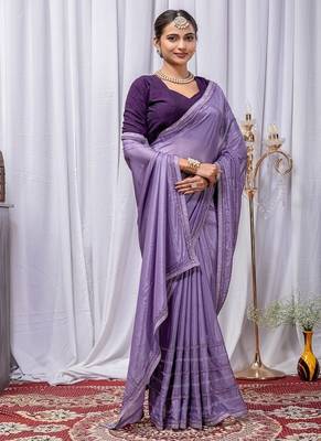 Lavender Color Zari Embroidery Hotflix Diamond Work Vichitra Silk Saree 2