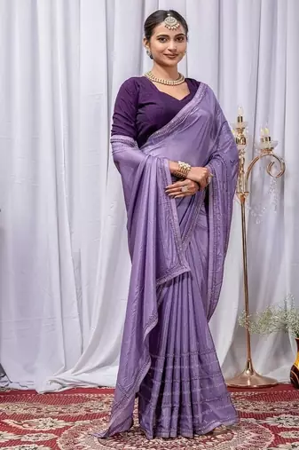 Lavender Color Zari Embroidery Hotflix Diamond Work Vichitra Silk Saree