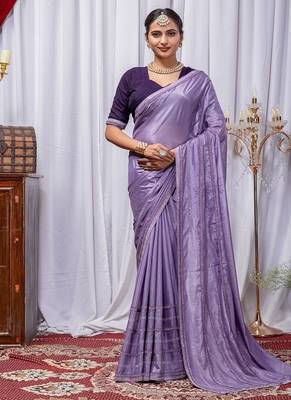 Lavender Color Zari Embroidery Hotflix Diamond Work Vichitra Silk Saree 3