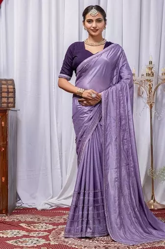 Lavender Color Zari Embroidery Hotflix Diamond Work Vichitra Silk Saree