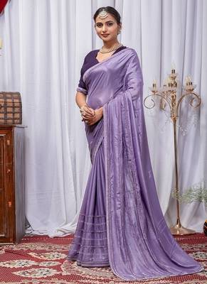 Lavender Color Zari Embroidery Hotflix Diamond Work Vichitra Silk Saree 4