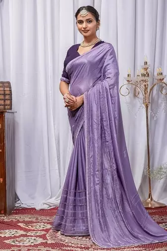 Lavender Color Zari Embroidery Hotflix Diamond Work Vichitra Silk Saree