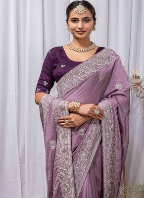 Light Lavender Color Zari Embroidery Hotflix Diamond Work Vichitra Silk Saree 2