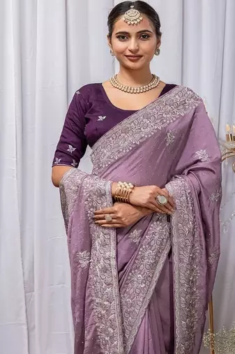 Light Lavender Color Zari Embroidery Hotflix Diamond Work Vichitra Silk Saree