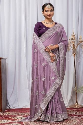 Light Lavender Color Zari Embroidery Hotflix Diamond Work Vichitra Silk Saree