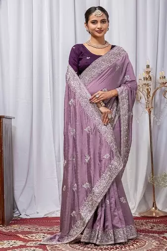 Light Lavender Color Zari Embroidery Hotflix Diamond Work Vichitra Silk Saree
