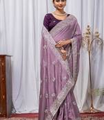 Light Lavender Color Zari Embroidery Hotflix Diamond Work Vichitra Silk Saree