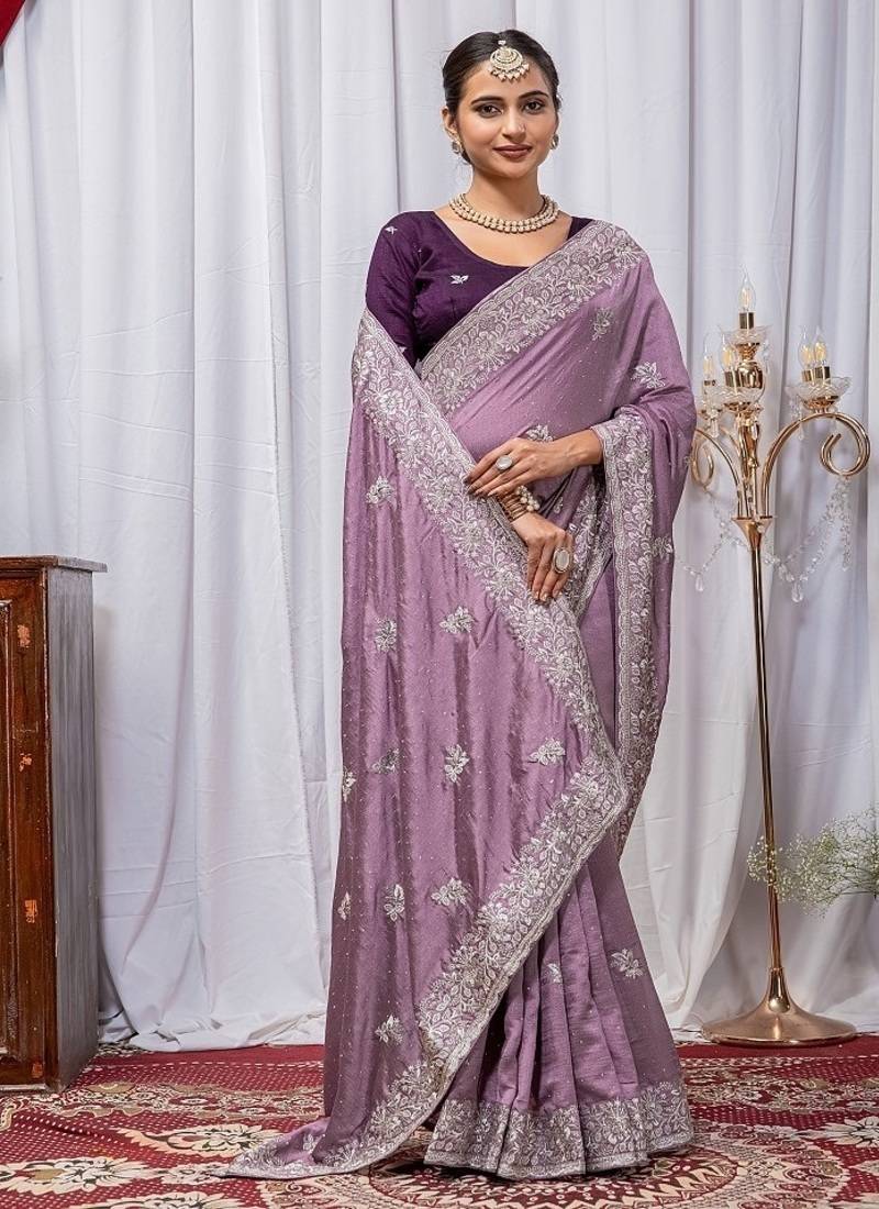 Light Lavender Color Zari Embroidery Hotflix Diamond Work Vichitra Silk Saree