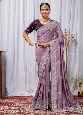 Light Lavender Color Zari Embroidery Hotflix Diamond Work Vichitra Silk Saree 3