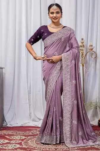 Light Lavender Color Zari Embroidery Hotflix Diamond Work Vichitra Silk Saree