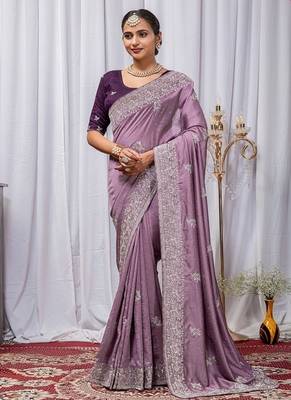 Light Lavender Color Zari Embroidery Hotflix Diamond Work Vichitra Silk Saree 4