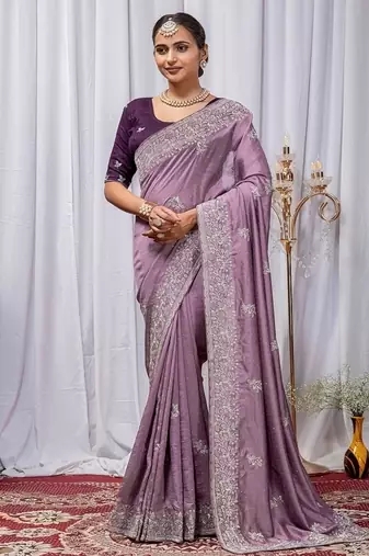 Light Lavender Color Zari Embroidery Hotflix Diamond Work Vichitra Silk Saree