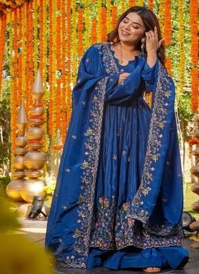 Teal embroidery crep fully stitched anarkali suit set 4