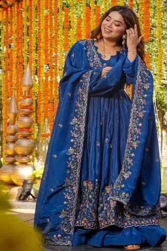 Teal embroidery crep fully stitched anarkali suit set
