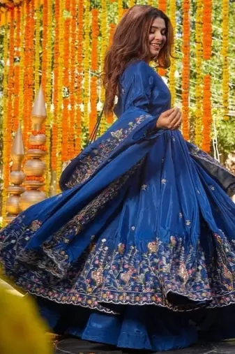 Teal embroidery crep fully stitched anarkali suit set
