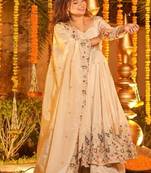 Off-white embroidery crep fully stitched anarkali set