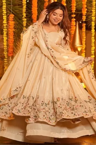 Off-white embroidery crep fully stitched anarkali set